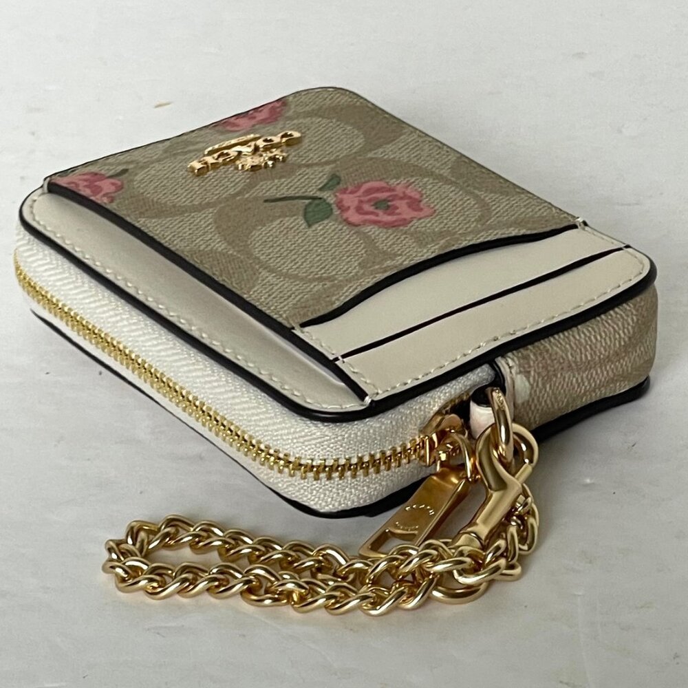 Coach Zip Card Case Pink Floral CR971 ID Wallet Beige Canvas Leather Chain Strap - Picture 7 of 7